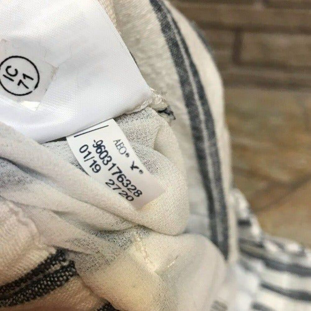American Eagle Straight Leg Belted Elastic Waist Pants White Blue Stripe Large - Picture 6 of 8